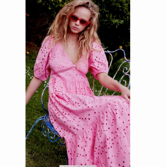 Zara pink openwork embroidery  voluminous cotton dress - Picture 8 of 15